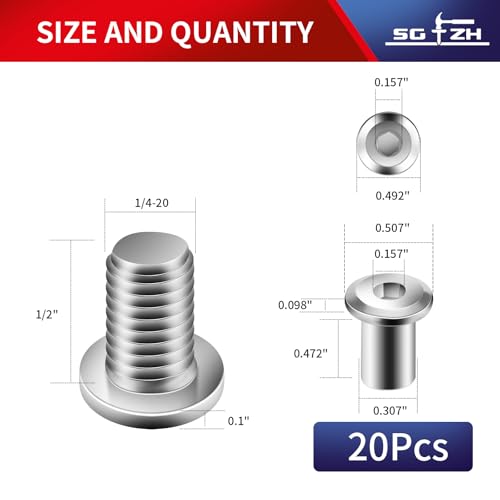 1/4-20 x 1/2" 20Pcs Flat Head Hex Socket Cap Screws Bolts Barrel Nuts Kit, 304 Stainless Steel 18-8, Full Thread by SG TZH (with Hex Spanner) - color: Silver, size: 1/4-20 x 1/2"