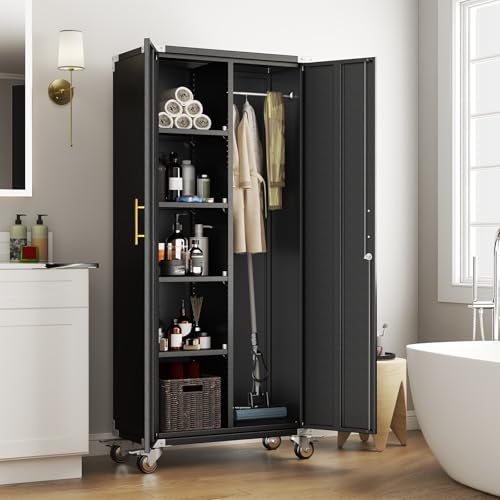 pozdeg 71" Rolling Lockable Metal Broom Closet Storage Cabinet, Black Gray - color: Black Gray, size: 15.7"D x 31.5"W x 71"H
