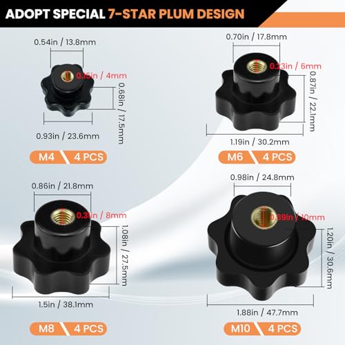Aifeier ET 16 Pcs Knurled Thread Clamping Knob, Plum 7 Star Knob Shaped - size: M4, M6, M8, M10