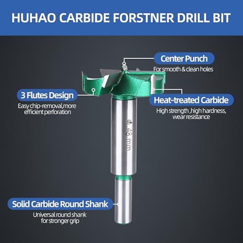 HUHAO 1-7/8" | 48mm Triple Flute Forstner Drill Bit, Tungsten Carbide Upgraded Drilling Hole Saw Woodworking Hinge Cutter Tool Kits for Wood,Plywood,Plastic,MDF - size: 48 mm