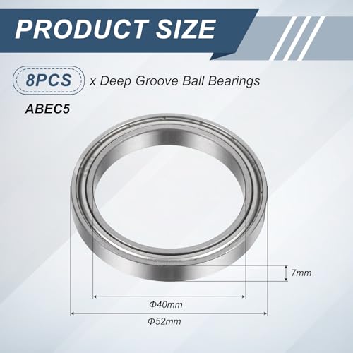uxcell 8Pcs 6808ZZ 40mmx52mmx7mm Deep Groove Ball Bearings ABEC5 - size: 6808ZZ 40mmx52mmx7mm