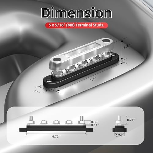 DAIERTEK 12V 150A Bus Bar 5 x 5/16" (M8) Terminal Studs 12V Power Distribution Block with Cover Max 300V AC 48V DC Positive & Negative Battery Distribution Block for Automotive Car Boat - color: 150A-T5M8