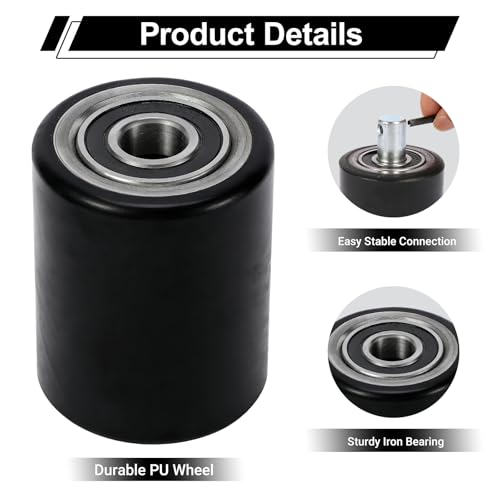 Two Packs of Pallet Jack/Truck Wheels 3” x 3.75” PU Poly Tread, 20mm ID Bearings, Full Set with Axles, Pins and Entry Exit Roller - color: Black