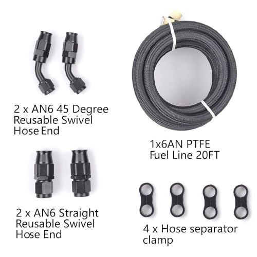 6AN PTFE E85 Fuel Line Hose 20FT With 4PCS Fitting & 4PCS Clamp - color: 20FT+4PCS Fitting+Clamp, size: AN6