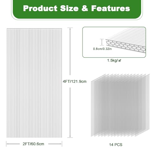 Quibbay 6PCS Polycarbonate Greenhouse Panels, 4' x 2' x 0.32'' Three-layer Honeycomb Panels Polycarbonate Sheet, Clear Waterproof UV Protected Corrugated Plastic Roof Panels for Greenhouse Replacement - style: 4' X 2' X 0.32''