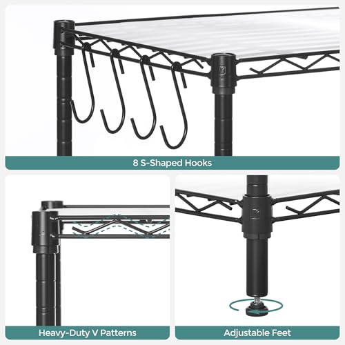 SONGMICS 5-Tier Storage Shelves, Adjustable Wire Shelving Unit, 8 Hooks - color: Ink Black, size: 5 Tiers (11.8"D x 35.4"W)