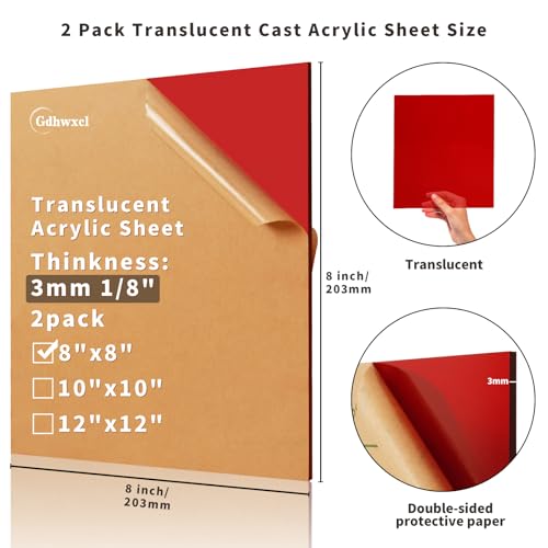 Translucent Acrylic Sheet 1/8 Thick - 2PC 8x8 inch Colored Square Plexiglass Panel for DIY & Decor, Sign Making, Light Diffusing - Easy to Cut, CO2 Laser Engraving - Deep Red - color: Deep Red, size: 8x8 inch