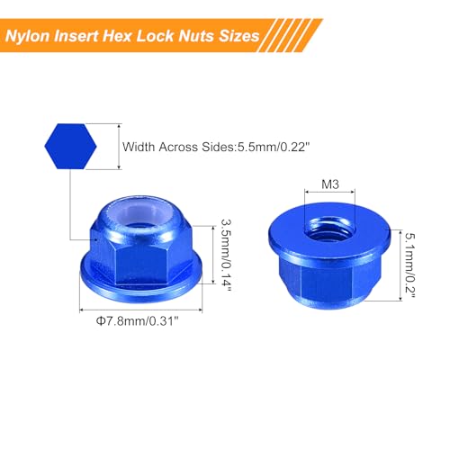 uxcell Nylon Insert Hex Lock Nuts, 8pcs - M3 x 0.5mm Aluminum Alloy Self-Locking Nut, Anodizing Flange Lock Nut for Fasteners(Sapphire Blue) - size: M3 x 0.5mm