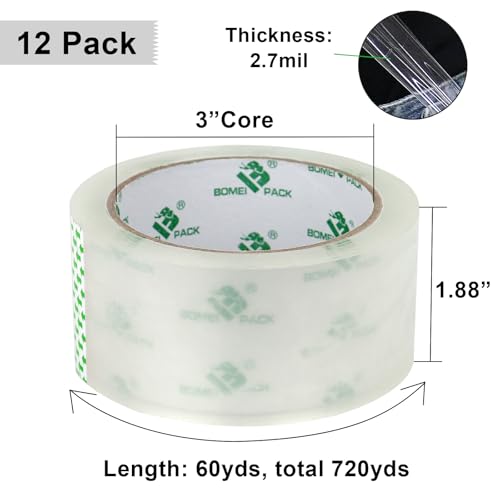BOMEI PACK Clear Packing Tape, 2.7Mil Thick Heavy Duty Packaging Tape 12Rolls Refills with 1 Dispenser for Box Sealing, Moving and Shipping, 1.88 Inch x 60 Yard, Total 720yds - color: Clear, size: 2.7mil x 60yds