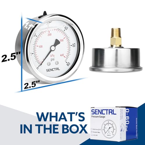 SENCTRL 0-60 Psi Liquid Filled Low Pressure Gauge, 1/4" NPT Back Mount - size: 0-60 Psi, style: Back Mount