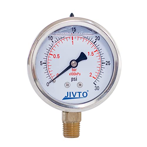 Pressure Gauge,Glycerin Liquid Filled,2-1/2" Dual Scale Dia,0-30 psi/bar/kpa,1/4" NPT Male Brass Connection,Lower Mount, Stainless Steel Case,for Pneumatic,Pump,Hose,Well Tank,Gas Air Water Oil - size: 0-30 psi, style: lower mount