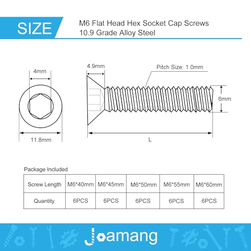 M6 x 40mm 45mm 50mm 55mm 60mm Flat Head Hex Socket Cap Screws Countersunk Bolts, 10.9 Grade Alloy Steel, Black Oxide Finish, Metric Allen Drive, Fully Threaded, Assortment Kit 30Pcs - size: M6 x 40/45/50/55/60 mm