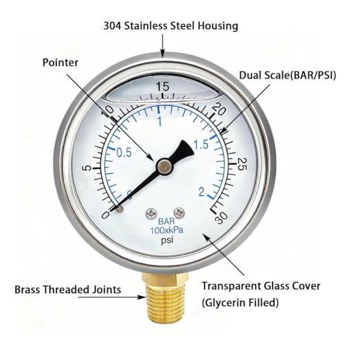 YSIL 1/4 NPT Liquid Filled Pressure Gauge w/ 3/8 NPT 1/2 NPT Adapter 300Psi - size: 0-300 psi