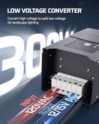 DEWENWILS 300W Low Voltage Landscape Lighting Transformer, 120V to 12/15V AC, Weatherproof Low Voltage Landscape Transformer with Photocell & Timer, Multi Zone Landscape Lighting Transformer - style: metal 300W