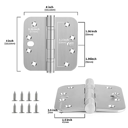 Goldenwarm 3 Pack 4" Brushed Security Door Hinges 5/8" Radius Corners - color: Satin Nickel