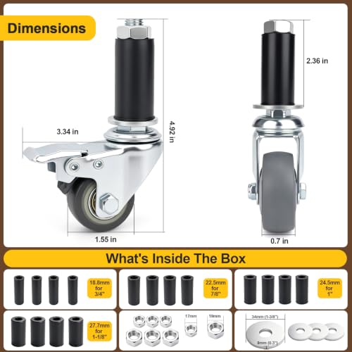 1.5 Inch Expanding Stem Casters with 4 Size Rubber Sleeves Set of 4 - size: 1.5Inch