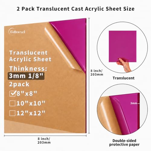 1/8 Thick 8 x 8 inch Translucent Acrylic Sheets - 2 Pack Colored Plexiglass Sheets for Creative DIY Projects Laser Cutting Engraving UV Printed Signs Crafts Badges (2, Purple, 8 x 8 inch) - color: Purple, size: 8x8 inch