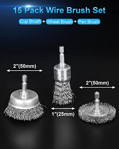 15 Pack Carbon Steel Wire Wheel Brush, Rocaris Cup Brush, Pen Brush Set