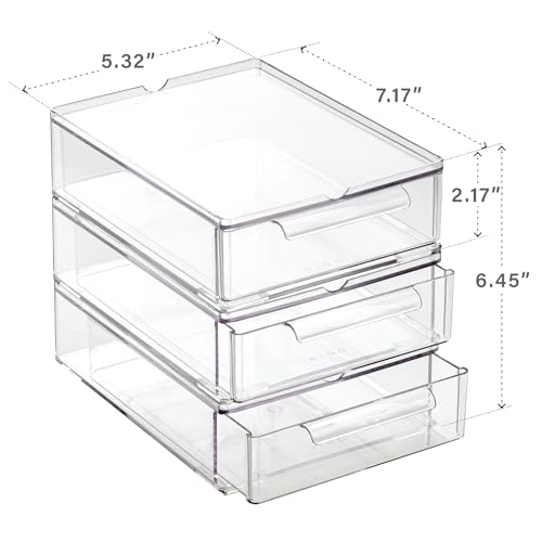 BINO | Clear Stackable Storage Drawers, Small - 3 Pack | Clear Storage Drawers with Built-In Handles | Durable Plastic Organizer Drawer | Modular Stackable Drawer Acrylic Organizer - size: 3 Pack - Small