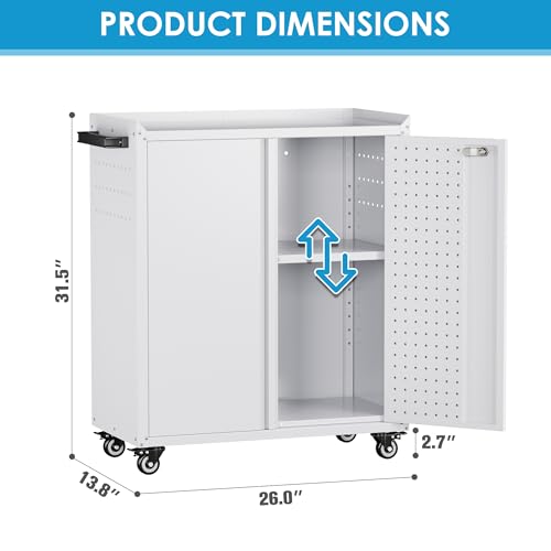 Aobabo 31.5" H Garage Storage Cabinet with Wheels,Lockable Metal Storage Cabinet with 2 Doors for Garage Home Office Storage,White,Assembly Required - color: White, size: 13.8"D x 26"W x 31.5"H