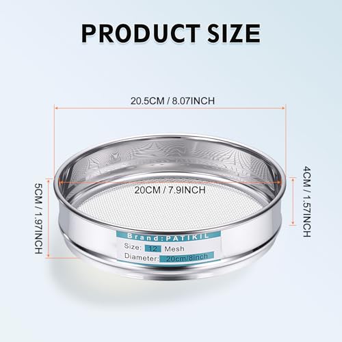 PATIKIL Lab Sieve 12 Mesh(1.6mm) 7.9"(20cm) Diameter Sifting Screen - size: 12 Mesh(1.6mm)/7.9"