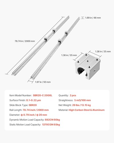 VEVOR Linear Rail Kit, SBR20, 2Pcs 2000 mm (78.74 inch) Linear Motion Guide Rails and 4Pcs Bearing Slide Blocks, Fully Supported Shaft, for Cutting, Grinding, Milling, Drilling Machines, and More - size: SBR 20-2000mm
