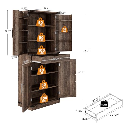 GRUSIGN 72" Kitchen Pantry Storage Cabinet with Doors and Shelves, Wood Farmhouse Pantry Storage with Barn Doors for Kitchen, Dining Room, Living Room, Dark Brown - color: Dark Brown
