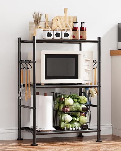 Sakugi Storage Shelves - 3-Tier Large Capacity Shelf Organizer with Hooks, Heavy-Duty Garage Shelving with Leveling Feet, Wobble-Free Rack for Bedroom, Balcony, Garage, 18.1"×12.4"×29.4", Black - color: Black, size: 18.1W×12.4D×29.4H(3T)