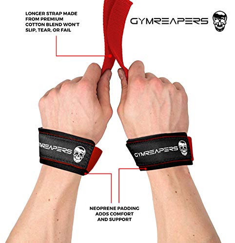 Gymreapers Lifting Wrist Straps for Weightlifting, Bodybuilding, Powerlifting, Strength Training, & Deadlifts - Padded Neoprene with 18" Cotton - color: Red