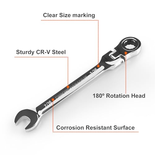 Egofine 7/16 Inch Ratchet Wrench Flex Head, Ratcheting Combination Wrench SAE, Industrial Grade Gear Spanner with 12 Point Box End, 72-Teeth Ratchet, Chrome Vanadium Steel - style: 7/16"