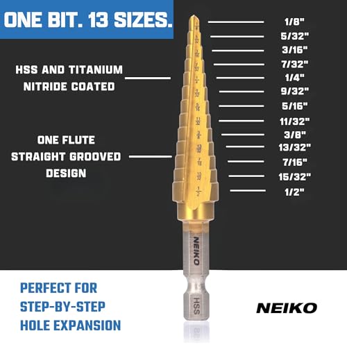 NEIKO 10601A Step Drill Bit, 13 Steps 1/8" to 1/2" Straight High Speed Steel, Titanium Nitride Coated, 1/4" Quick Change Step Bits for Steel, Metal, Wood, Plastic, Unibit Cone Drill Bits, Two Flute - size: #1 (1/8 - 1/2", 13S), style: Straight