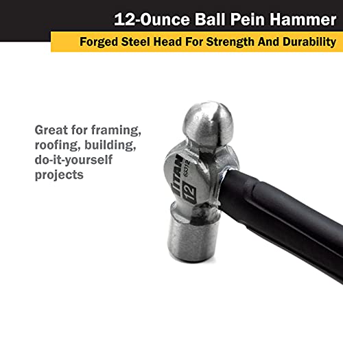 Titan 63312 12oz Ball Pein Hammer, Forged Steel Head, 12" Shock Absorbing Fiberglass Handle with Textured Rubber Grip