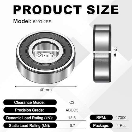 uxcell 4Pcs 6203-2RS Deep Groove Ball Bearings, 17x40x12 mm High Speed Double Rubber Seal Bearings Pre-Lubricated and Stable for Industrial Machinery Repairs 3D Project - size: 6203-2RS(17x40x12 mm)
