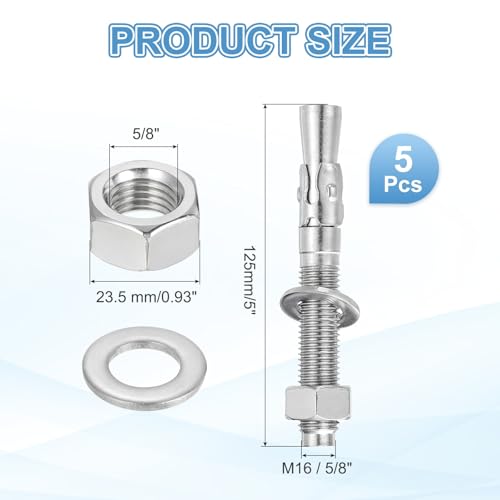 MECCANIXITY 5 Pcs Wedge Anchors, 5/8" x 5" Stainless Steel Concrete Anchors Bolts, Heavy Duty Standard Fastener for Cement Wall Base Bracket (Include Washers Nuts, Silver Tone) - size: 5/8" x 5"