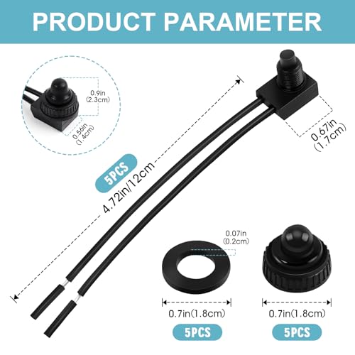 5 Pcs Waterproof Push Button Switch 12V SPST Switch with 4.5'' Lines KP-107 - color: 5 Pack