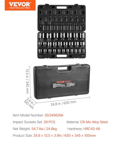 VEVOR 3/4" Drive Impact Socket Set, 29 Piece, CR-MO - size: 3/4" 29PCS