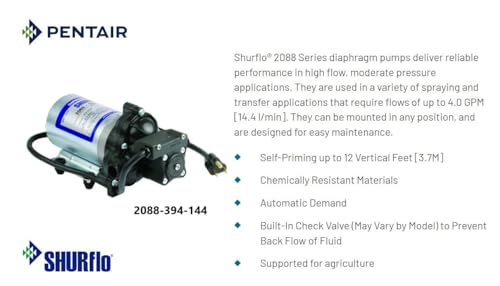 PENTAIR SHURFLO 2088-394-144 Automatic Demand Diaphragm Pump, 115VAC, 45 PSI, 3.0 GPM, Switch Control, Polypropylene Housing, Viton Valve, Santoprene, Chemically Resistant