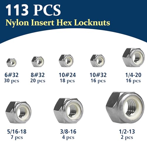SAE Lock Nut Assortment Kit 113Pcs, #6-1/2 Stainless Locking Nut - size: SAE Locknuts, 113 Pcs