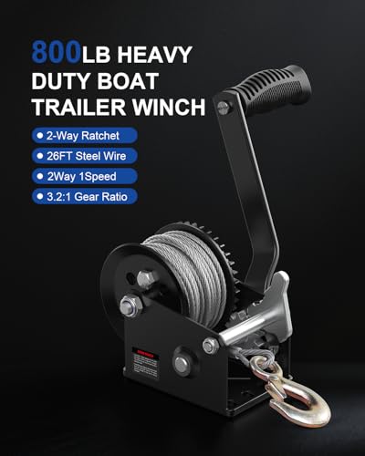 800lb Boat Trailer Winch with Cable, Portable Hand Winch for Towing - size: 800Lbs cable Winch