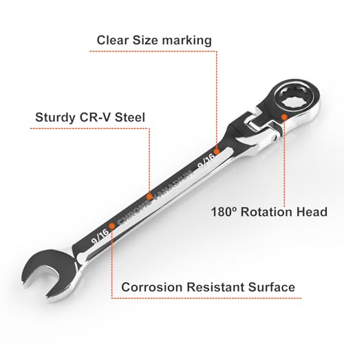 Egofine 9/16 Inch Ratchet Wrench Flex Head, Ratcheting Combination Wrench SAE, Industrial Grade Gear Spanner with 12 Point Box End, 72-Teeth Ratchet, Chrome Vanadium Steel - style: 9/16"