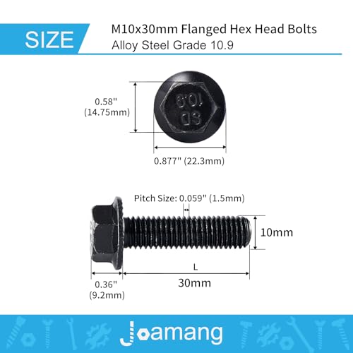 M10 x 30mm 10Pcs Flanged Hex Head Bolts, M10 x 1.5 Bolts, Flange Hexagon Head Screws, 10.9 Grade Alloy Steel, Black Oxide Finish, Metric Fully Thread - size: M10 x 30mm(10PCS)