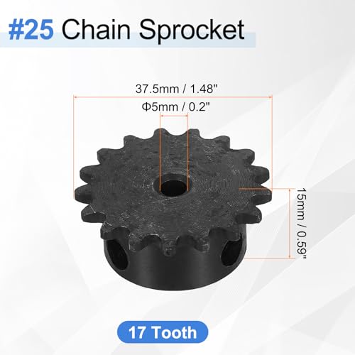 uxcell #25 Chain Roller Sprocket 5mm Bore 37.5mm OD, 17 Tooth C45 Carbon Steel ANSI #25 Roller Sprocket Round Hole with Set Screws for ISO 04C Chain, Black - size: 5mm Bore 37.5mm OD, 17 Tooth
