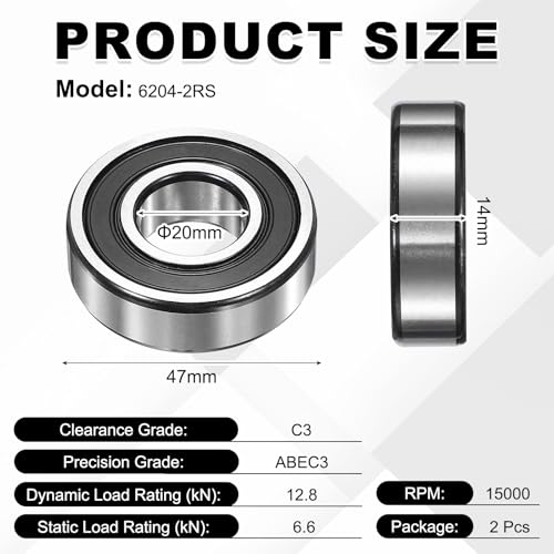 uxcell 2Pcs 6204-2RS Deep Groove Ball Bearings, 20x47x14 mm High Speed Double Rubber Seal Bearings Pre-Lubricated and Stable for Industrial Machinery Repairs 3D Project - size: 6204-2RS(20x47x14 mm)