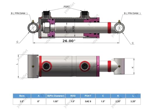 Welded Tube Cross Cylinder for Double Acting - Double Acting Welded Hydraulic Cylinder, 2.5" Bore, 18" Stroke