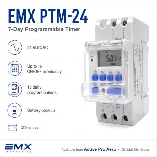 EMX PTM-24 24V AC/DC 7-Day Programmable DIN Rail Timer 16 ON/Off Events