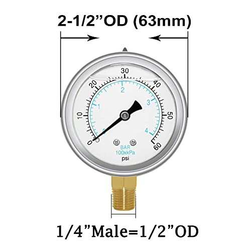 Joywayus Pressure Gauge 0-60 PSI Brass 1/4" NPT Male Thread Lower Mount, Glycerin Filled, Stainless Steel Case, Multiple Function - size: 0-60PSI--1/4", style: Glycerin Filled