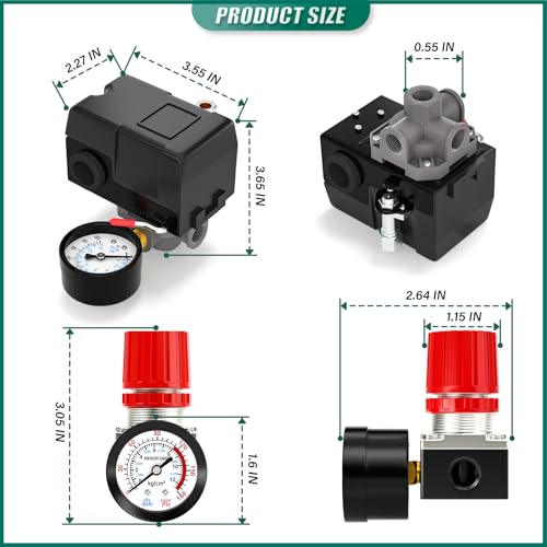 4 Way Air Compressor Pressure Switch Control Valve Kit 95-125 PSI, 1/4" NPT Port, 110V-240V, With 0-200 Pressure gauge, AFR2000 Air Filter Pressure Regulator - size: 95-125 PSI