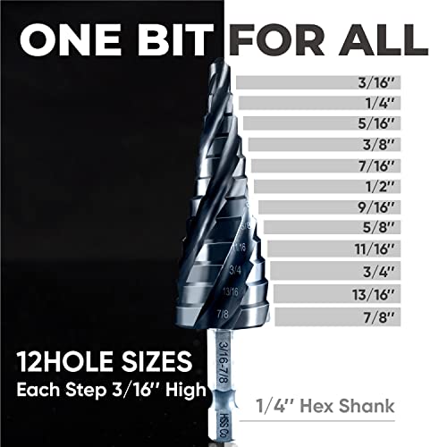 toolant M35 Cobalt Step Drill Bit, 3/16"-7/8", TiAlN, 1/4" Hex Shank - size: 3/16" - 7/8"