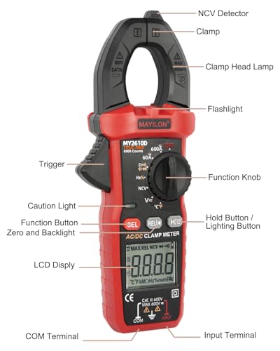 Digital Clamp Meter, Multimeter TRMS 6000 Counts Amp Volt Meter Auto-ranging Measures AC/DC Voltage, AC/DC Current Capacitance NCV Frequency Live Wire Resistance Diode Temperature Continuity MY2610D