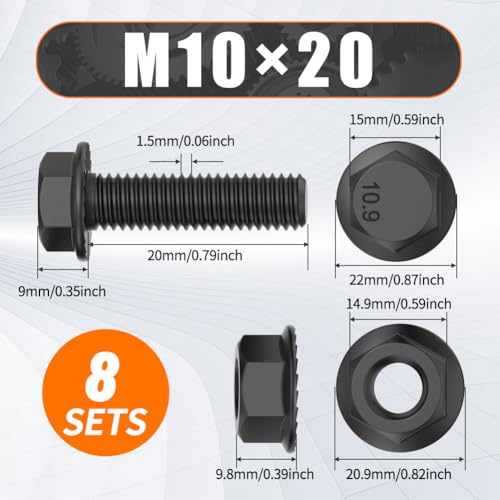 M10x20mm Flange Hex Bolts and Nuts Kit Grade 10.9 Metric Screws 8Pack Black - size: M10×20
